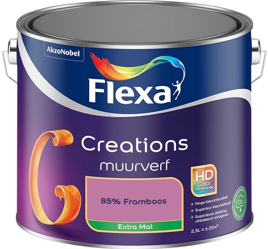 Peinture pour les murs Flexa Creations - Extra Mat - Collection Couleurs Extra - 85% Framboise - 2,5 litres
