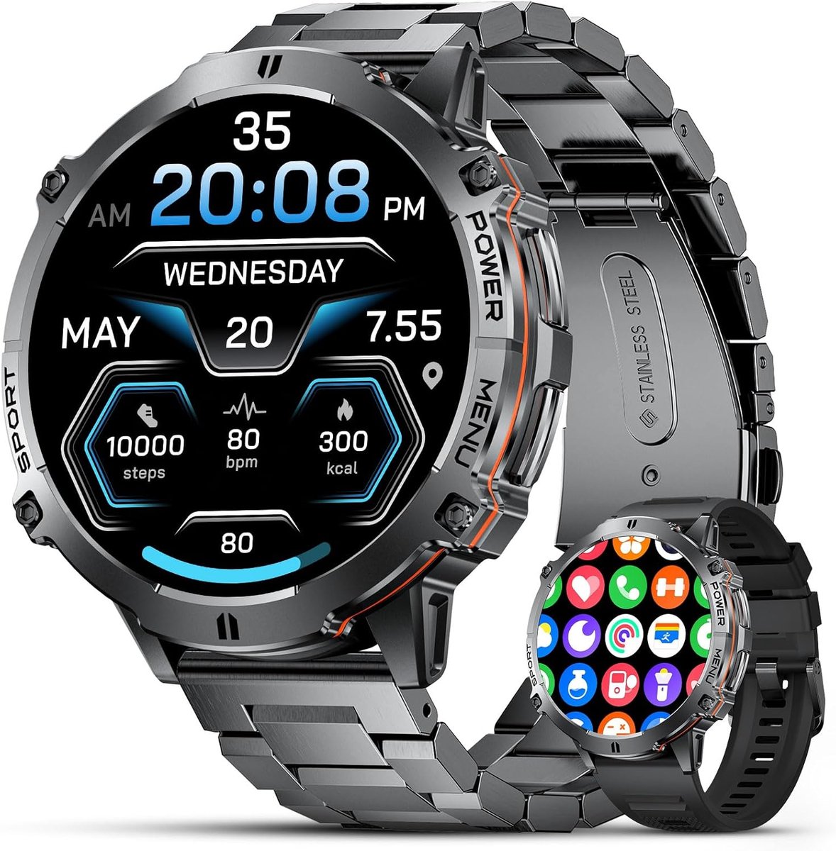 Smartwatch Heren met 1.73 Inch AMOLED Scherm, Bluetooth Bellen en 5ATM Waterdicht