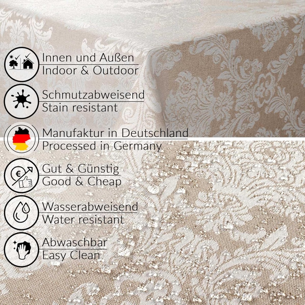 Ovaal Tafelkleed Textiel 180x140 cm Beige Jacquard Katoen Polyester Waterafstotend