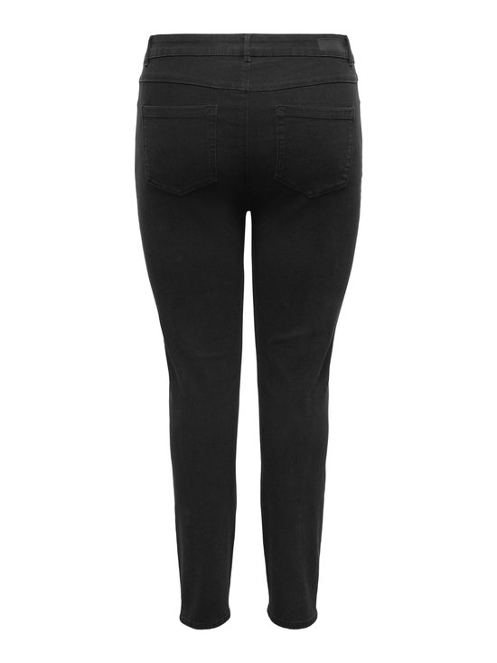 Achterkant van een vrouw in een zwarte skinny jeans met hoge taille.