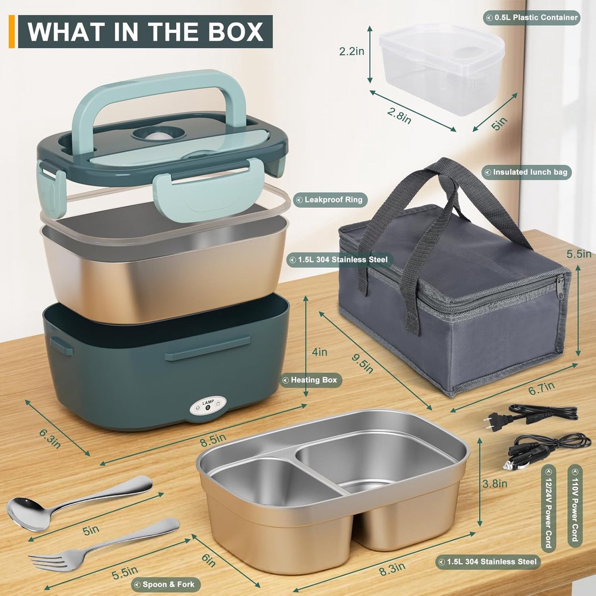 Elektrische Lunchbox - 100 W - 3-In-1 Draagbare Verwarmde Lunchbox - Uitneembare Roestvrijstalen Broodtrommel - 12 V/24 V/220 V - Geïsoleerde Warmtebox voor Auto - Vrachtwagen, Kantoor - met Geïsoleerde Tas — cadeau in Kookcadeaus - foto 2