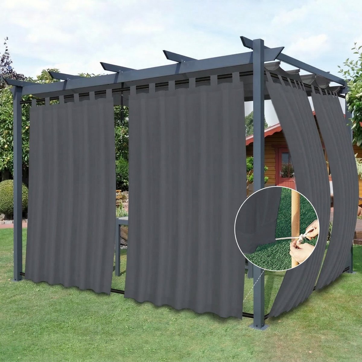 Qelus 2 Stuks Oxford Buitengordijnen Waterdicht - Outdoor Gordijn met Lussen & Roedezak - Winddicht Balkongordijn Weerbestendig - 132x244cm - Donkergrijs