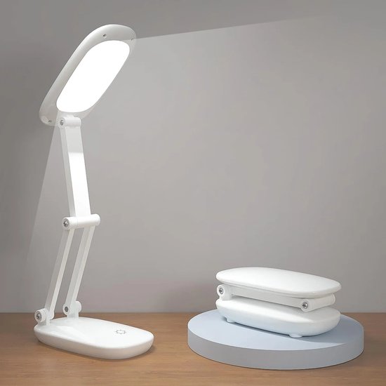 LED Bureau Lamp voor Kantoor en Thuis - Oplaadbare en Opvouwbare Draagbare Lamp met 2-Voudige Bevestiging - 3 Helderheidsniveaus Instelbare Draadloze Leeslamp (Wit)
