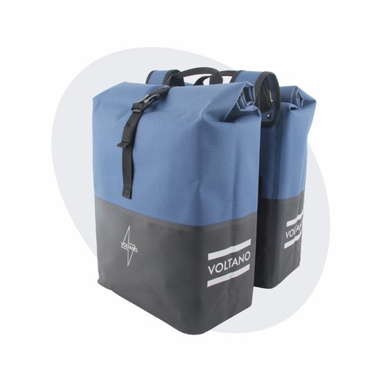 Voltano Dubbele Fietstas Rolltop Reflective Special Edition - Zwart / Lakeblue - 50 Liter - 100% Waterdicht - Fietstassen Electrische Fietsen