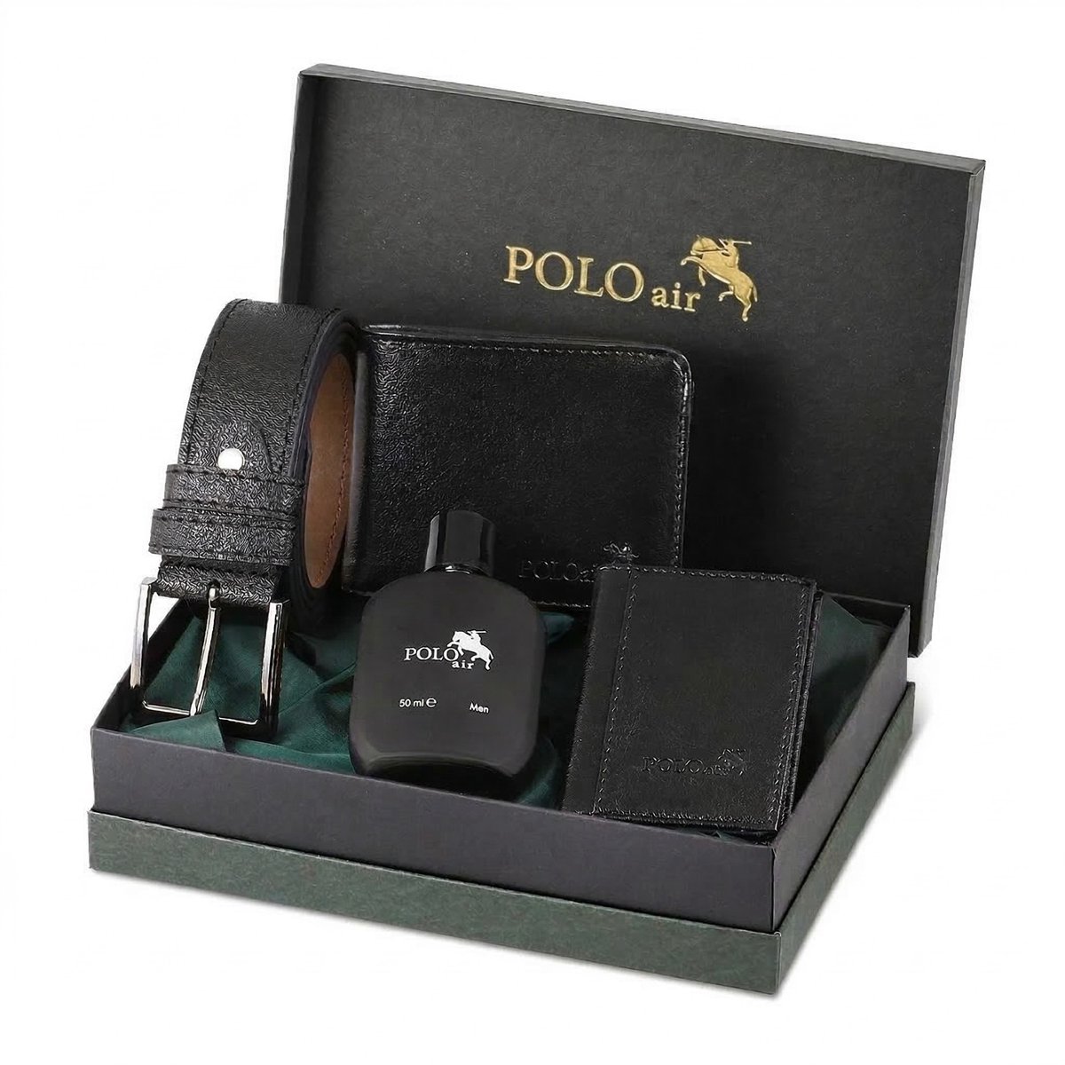 Polo Air Cadeauset voor Mannen - 4-delig - Riem Portemonnee Pasjeshouder & Parfum 50ml - Luxe Geschenkset Zwart