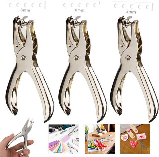 Drie zilveren perforators met één gat, inclusief 6 mm en 3 mm varianten, met voorbeelden van gebruik.