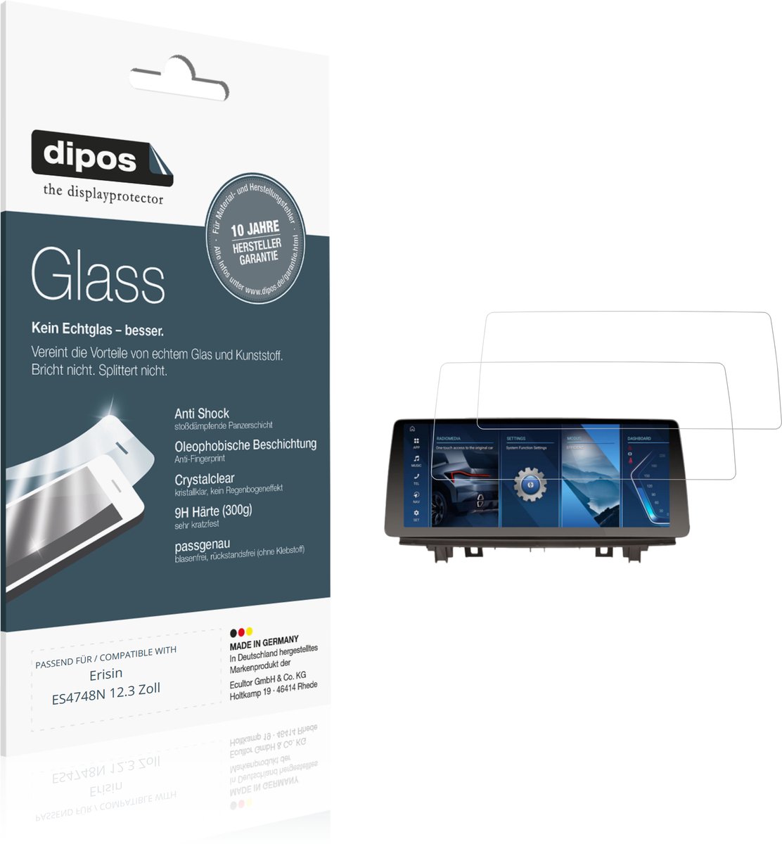 dipos – 2x Pantserfolie geschikt voor Erisin ES4748N 12.3 Zoll | 9H Screenprotector