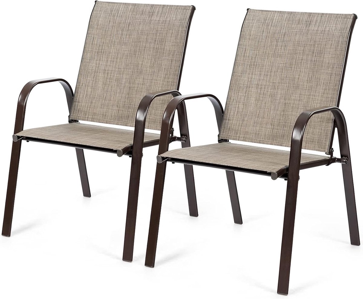 KOMFOTTEU Set van 2 tuinstoelen, balkonstoelen met armleuningen en hoge rugleuning, terrasstoelen met metalen frame, eetstoelen voor patio, terras