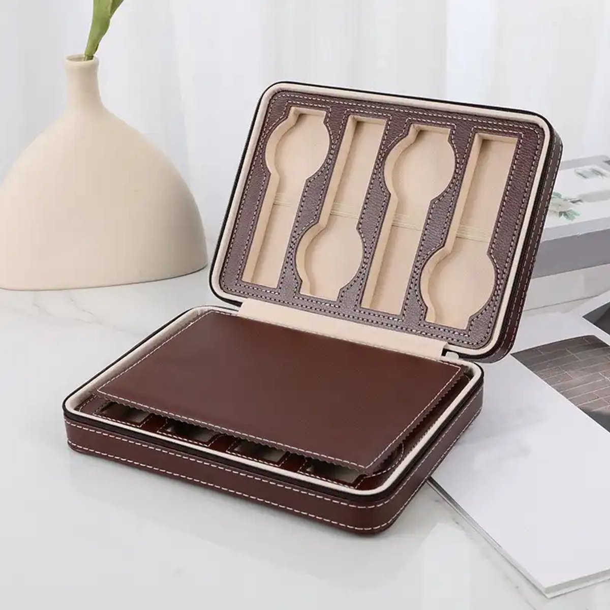Horlogedoos, horlogedisplay- en opbergdoos, draagbare reisorganizer voor horlogecollecties, met ritssluiting, 1 stuk, 8 vakken (bruin)
