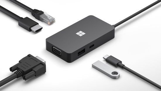 Microsoft Surface USB-C Travel Hub met HDMI, VGA, Gigabit Ethernet, USB-A en USB-C-poort.