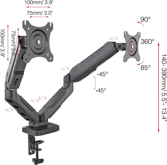 HFTEK GM138DW Monitorarm – 3-voudige Houder Voor 15-27 Inch Schermen, VESA 75/100, Met Gasveren