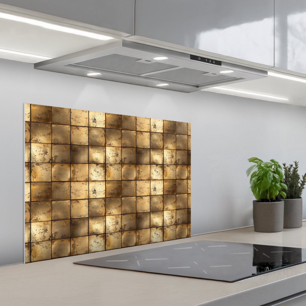 Spatscherm 70x55 cm - Zelfklevende achterwand Geometrisch - Tegels - Goud - Keuken muurbeschermer - Spatwand fornuis