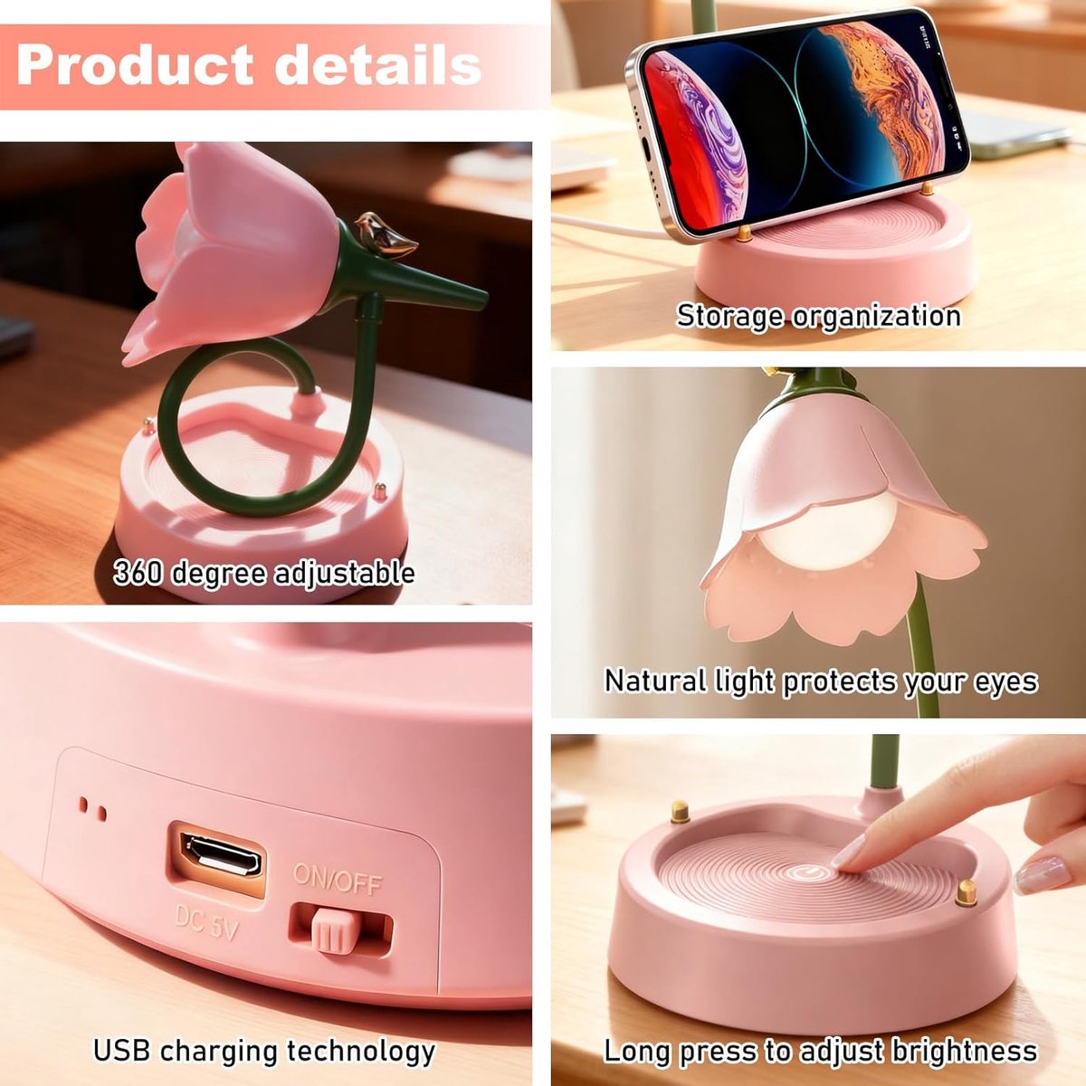 Tafellamp - Kinderbureaulamp - Dimbare Led-Tafellamp met 3 Kleurtemperaturen - Oplaadbare Batterijlamp met Aanraaksensor en Flexibele Arm - Draadloze Led-Tafellamp Om Te Lezen en Te Leren - Roze thumbnail 5