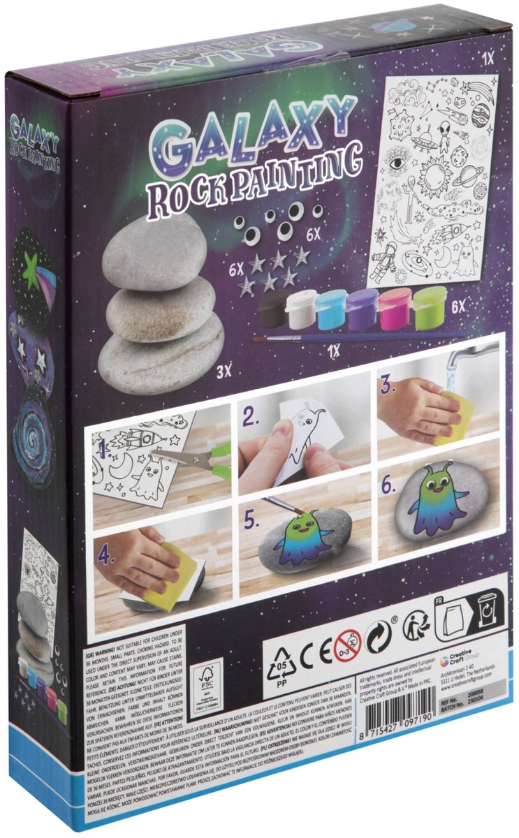Grafix Galaxy Rock Painting - Set voor Happy Stones met 3 stenen, 5 kleuren verf, zilveren sterren en stickervel - Creatief speelgoed voor kinderen vanaf 5 jaar - Inclusief kwast — afbeelding 11