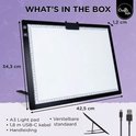 Dimensions d'une tablette lumineuse A3 avec câble USB-C de 1,8 m et support réglable. Contenu : Lightpad A3, câble, manuel.