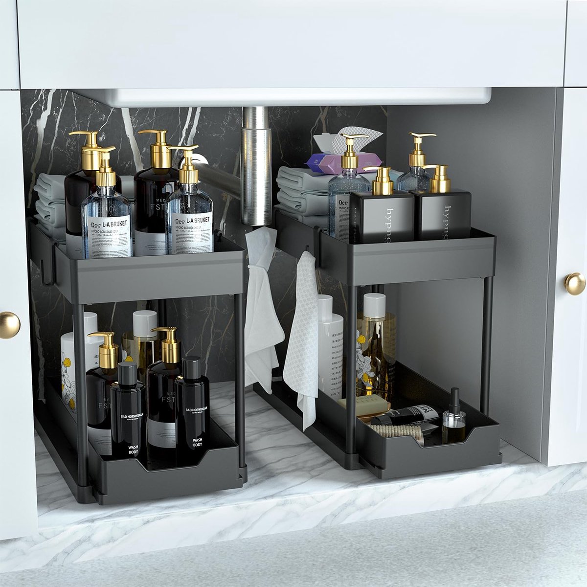 Keukenorganizer Onderkast Zwart – 2-Laags Uitschuifbare Lade | Kastorganizer met 4 Haken | Onder Wastafel Opbergrek | Badkamer & Keuken | Grote Capaciteit | Homery