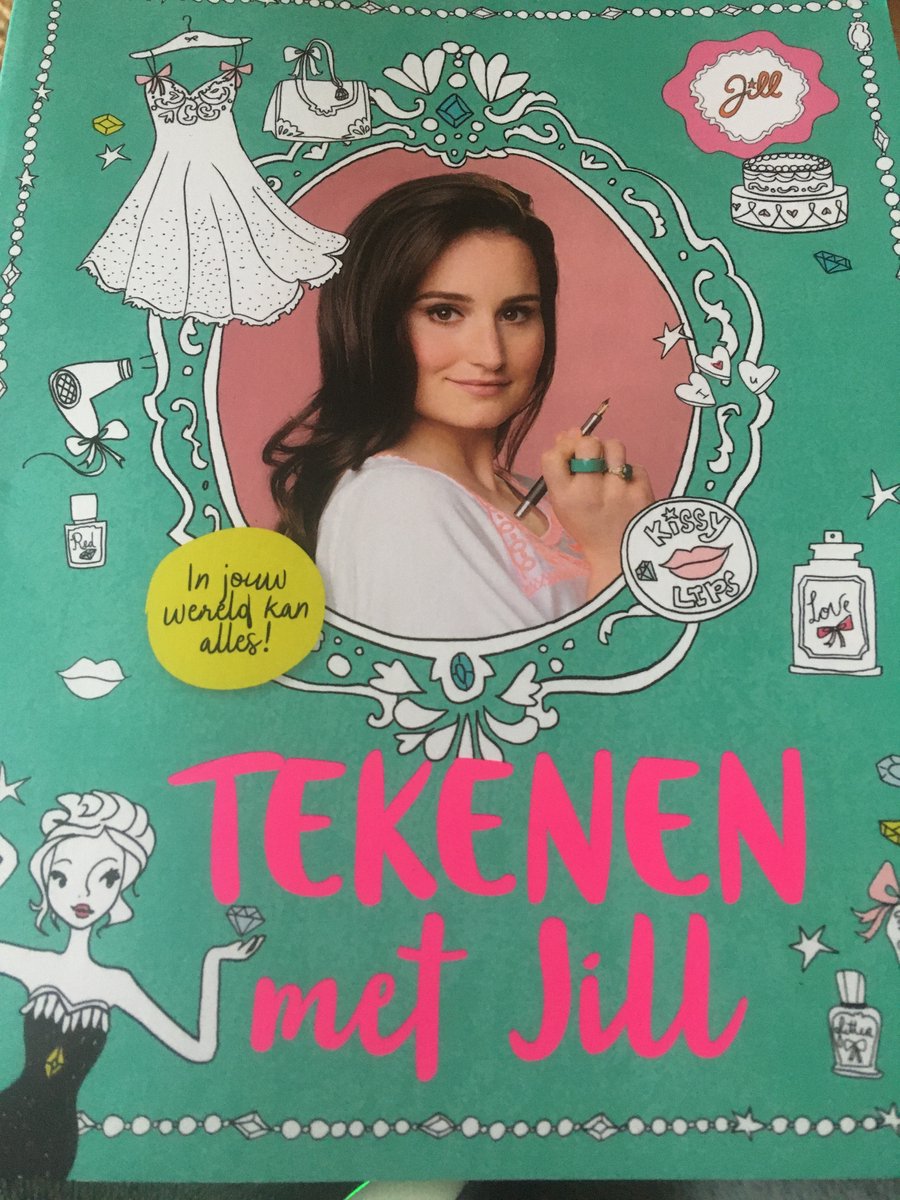 Boekcover met een vrouw in een lijst, omringd door illustraties van kleding en cosmetica. De titel "Tekenen met Jill" is in roze letters.