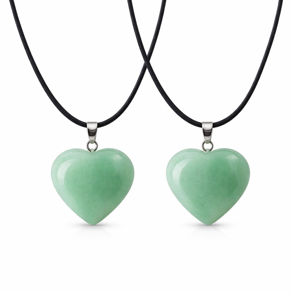 Groene Aventurijn Hart 2 steentjes - Hanger met Zwarte Touwketting