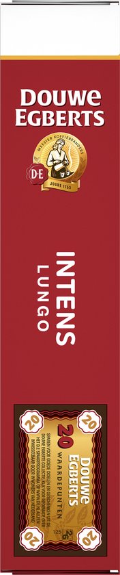 Zijkant van de rode verpakking van Douwe Egberts Lungo Intens koffiecups. Met informatie over 20 waar/capsules.