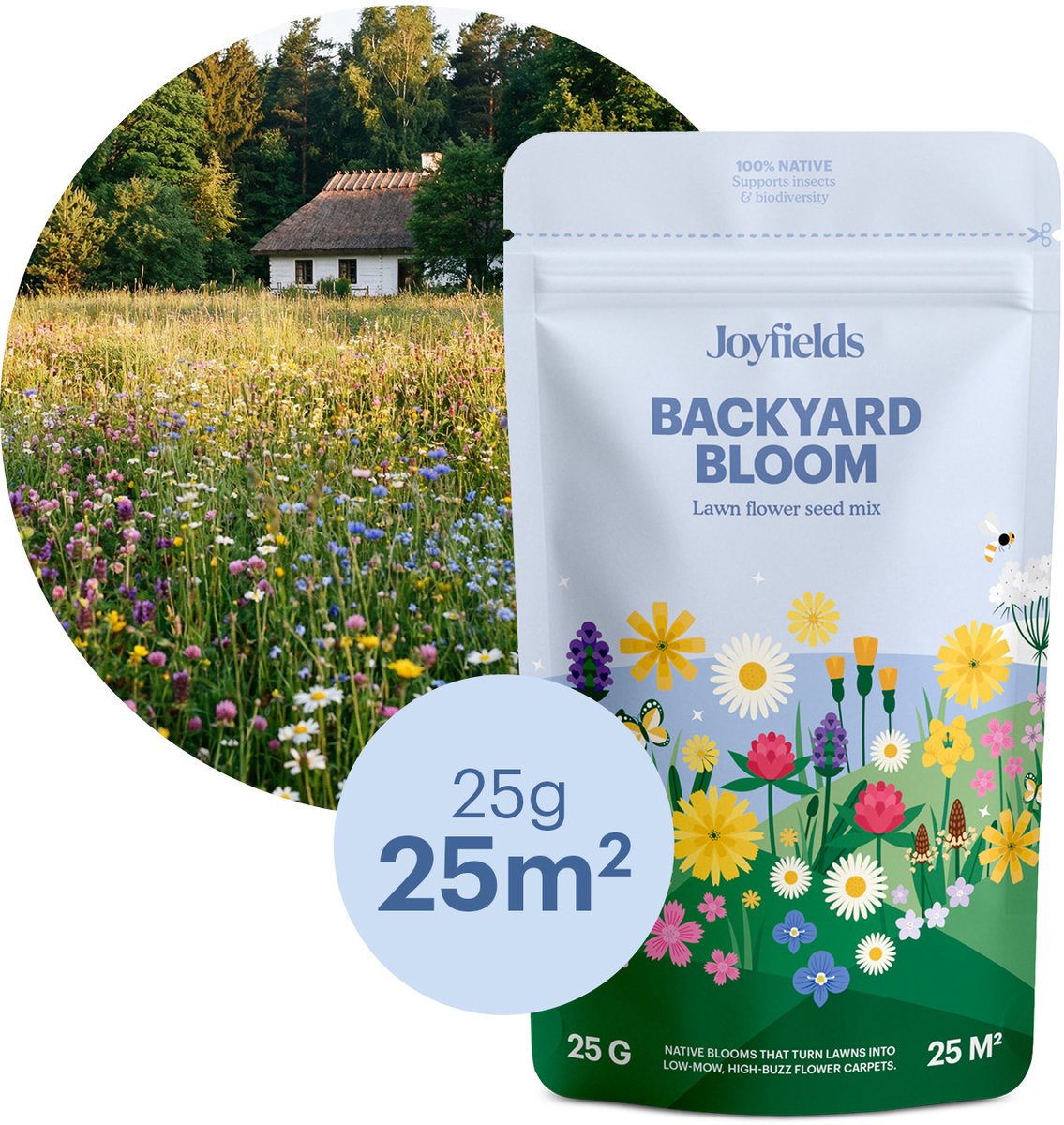 Joyfields Backyard Bloom - Inheems bloemrijk gazonmengsel - 25 gram (12,5 m²) - Biodivers gazon - Maaibare bloemen - Mengbaar met graszaad