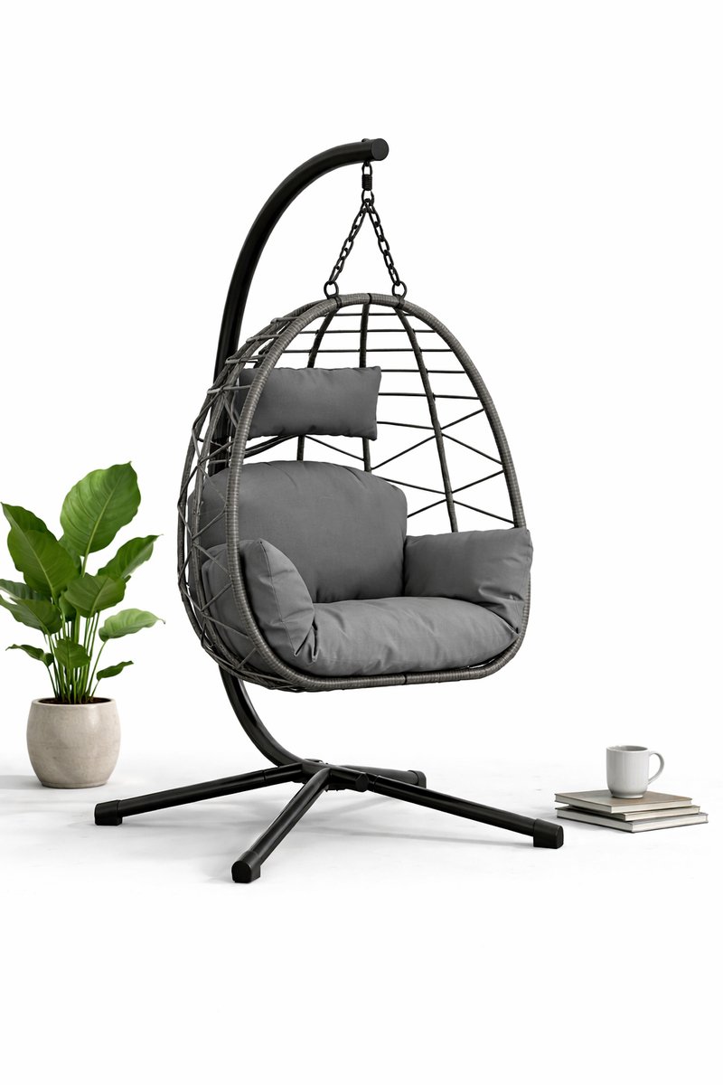 HOB Egg Chair - Hangstoel op Standaard - Tuinstoel - Met Kussen en Hoes - tot 130 KG - In hoogte verstelbaar - Zwart/Grijs