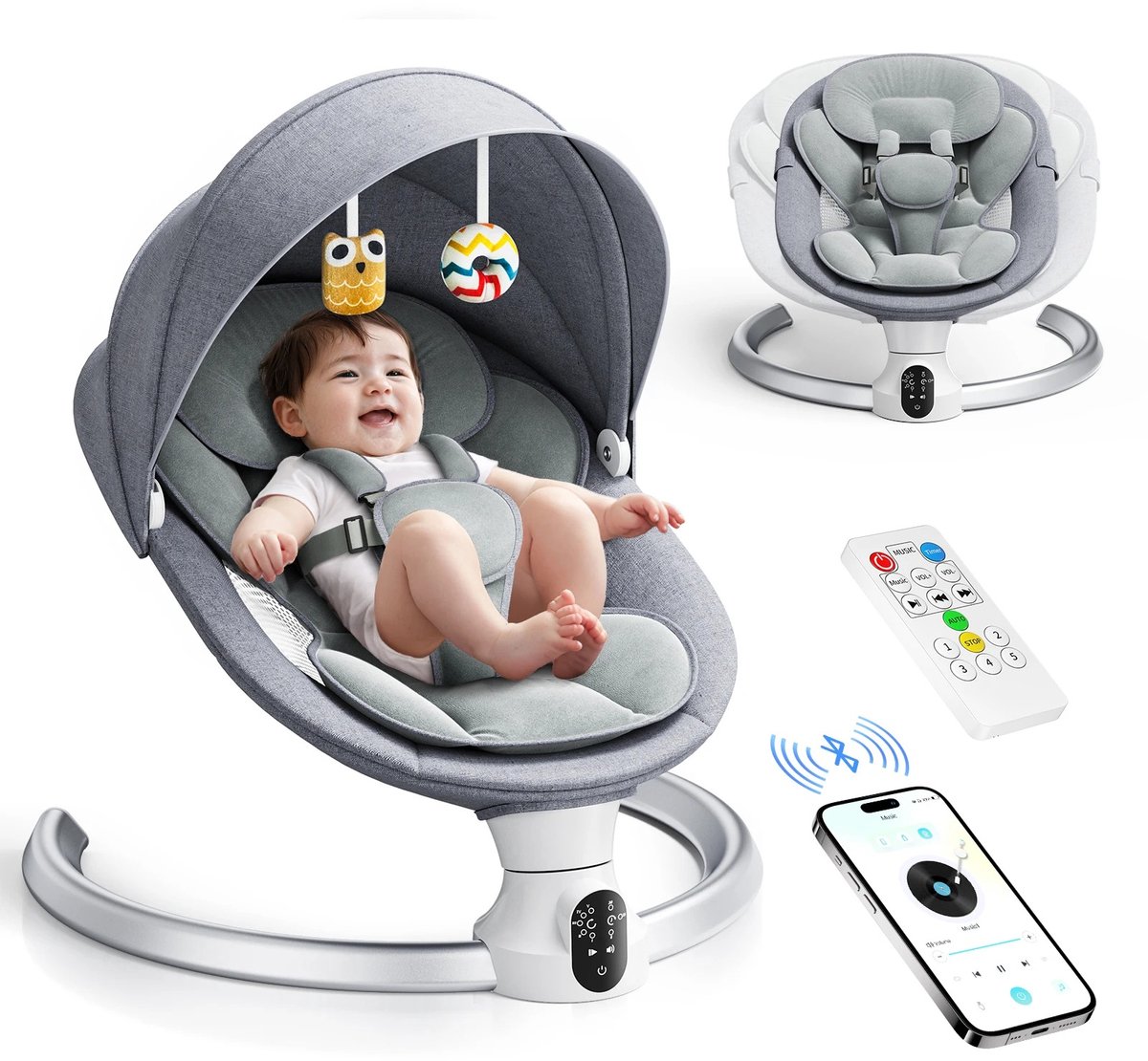 Delightness Elektrische Babyshaker - Wipstoel - Babyschommel - Wieg - 5 Snelheden - 3 Timer - 10 Muziekjes - Bluetooth - Grijs