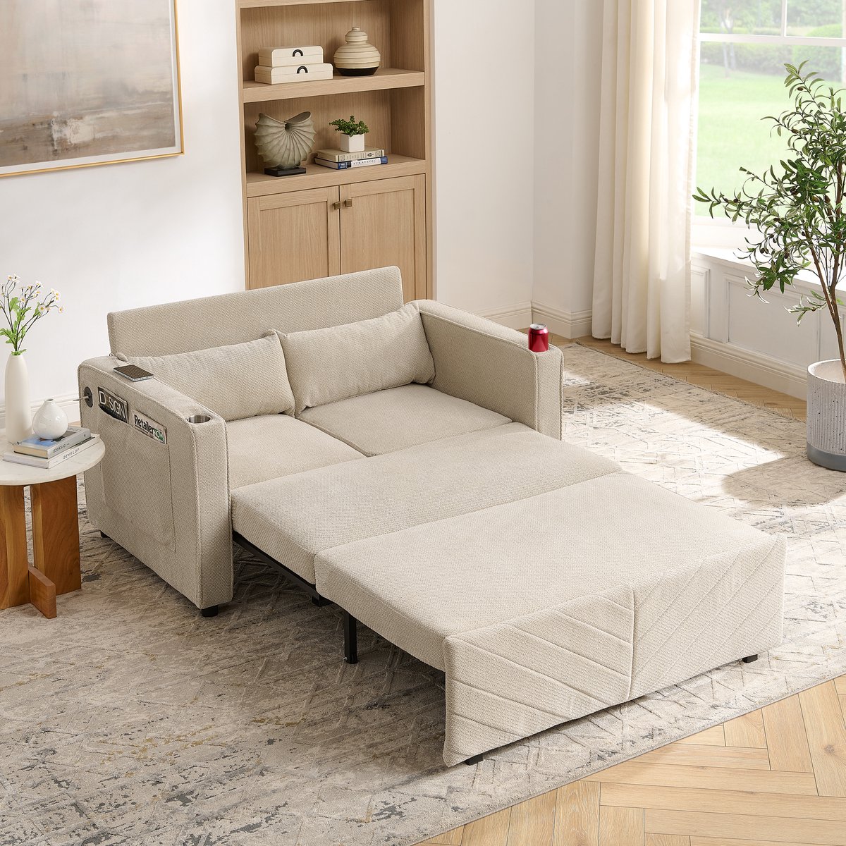 STILVORA Slaapbank 2-Zits - Sofa, Bed En Loungestoel Met Usb Oplaadpoort - Voor Woonkamer En Logeerkamer - Hout En Stof Beige