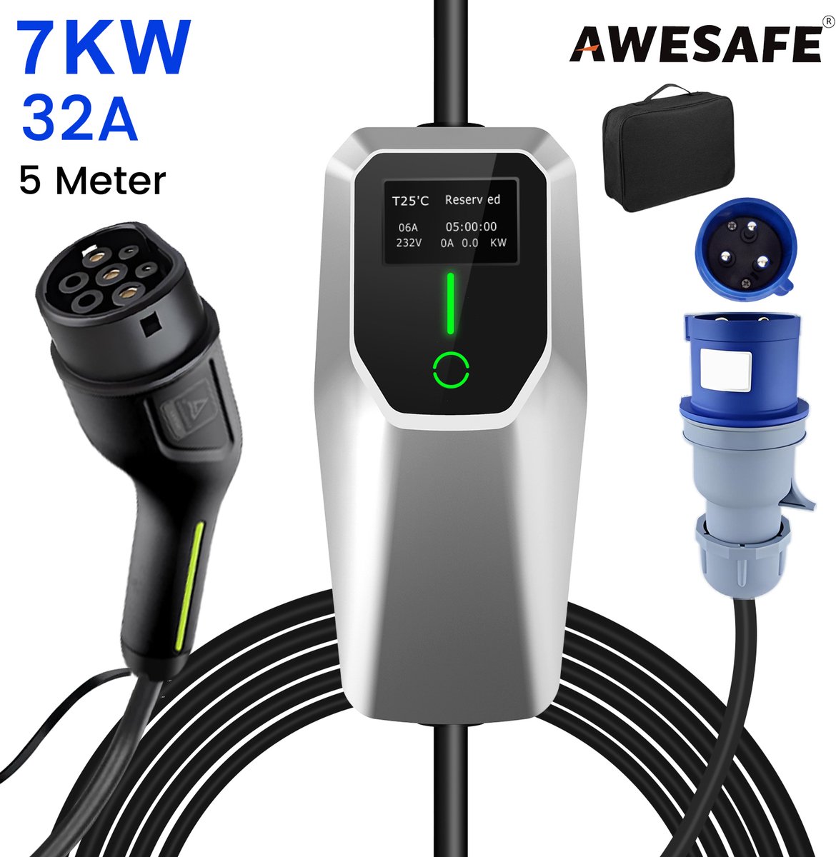 Awesafe Draagbare Laadkabels - 7kW 32A 1-Fase EV Laadkabel Type 2 met 5m Kabel - 6A/8A/10A/13A/16A/20A/24A/32A Schakelbaar - Met handtas