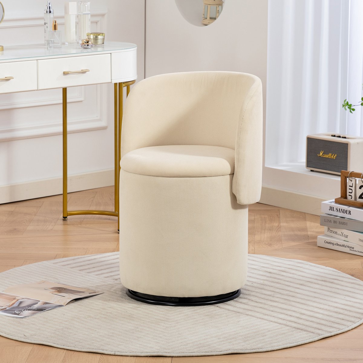 HAUSS SPOLE Draaibare Schminkstoel Met Opbergruimte – 360° Gestoffeerde Corduroy Fauteuil – Moderne Kaptafelstoel Met Opbergzitting – Voor Slaapkamer, Woonkamer Of Eetkamer – Beige