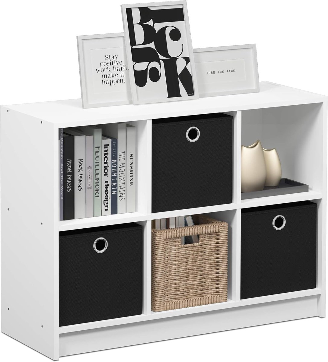 Boekenkast met 6 Vakken en 3 Laden - Compacte Houten Opbergkast Wit/Zwart