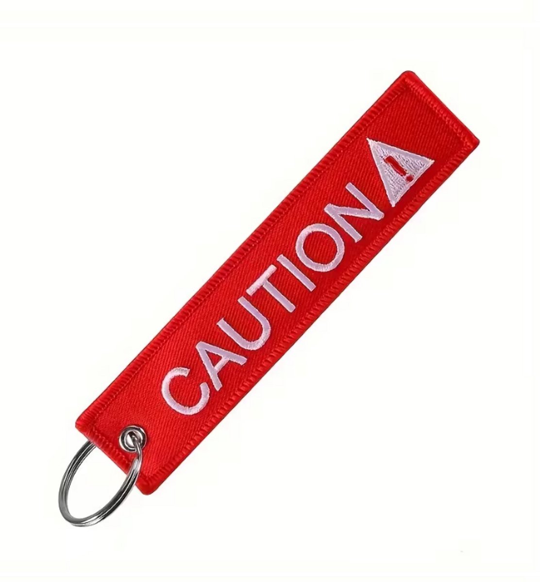 Caution Sleutelhanger – Rood – Geborduurde Warning Keychain – Sleutelring voor Auto, Motor & Aviation Fans