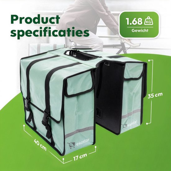 Mintgroene dubbele fietstas van 40x17x35cm. Gewicht 1.68 kg.