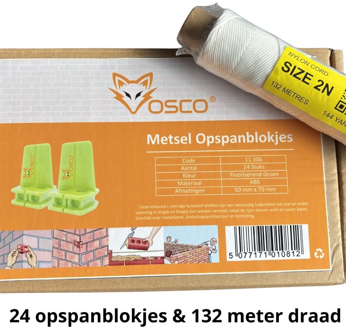 Vosco® - Metsel Opspanblokjes - 24 Stuks & 132 meter metseldraad