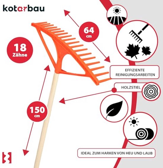 KOTARBAU® Bladhark, Tuinhark, Kunststof, 64 cm, Oranje, 18 Tanden, Bladbezem, met Steel, voor Gras En Heg, Lichtgewicht Hark, Stevige Hark van Merkloos	 — afbeelding 4