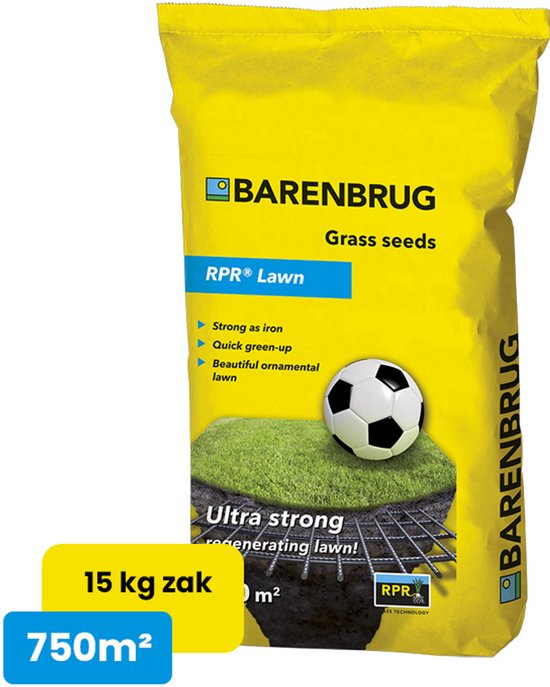Sac jaune de graines de gazon Barenbrug RPR® Lawn, sac de 15 kg pour 750 m², avec image de ballon de football et gazon auto-réparateur.
