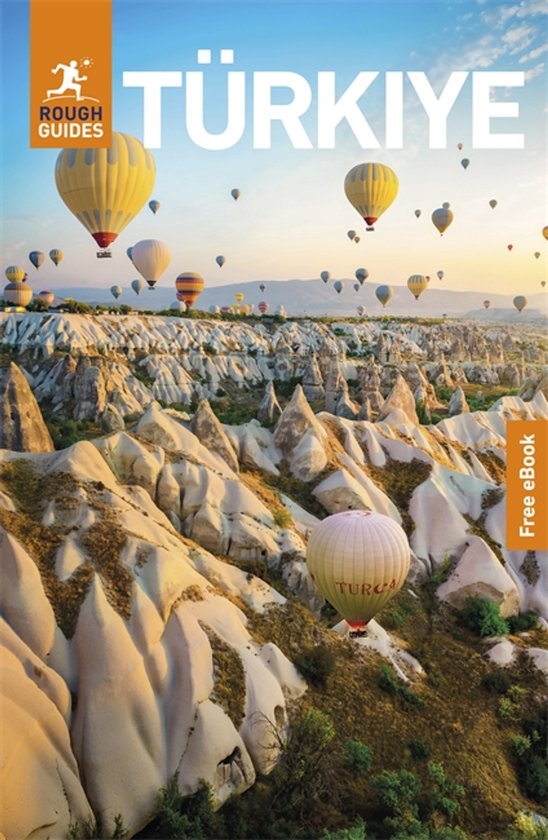 Page de titre du livre 'Rough Guides Turkiye' avec une photo de montgolfières au-dessus de la Cappadoce, Turquie.