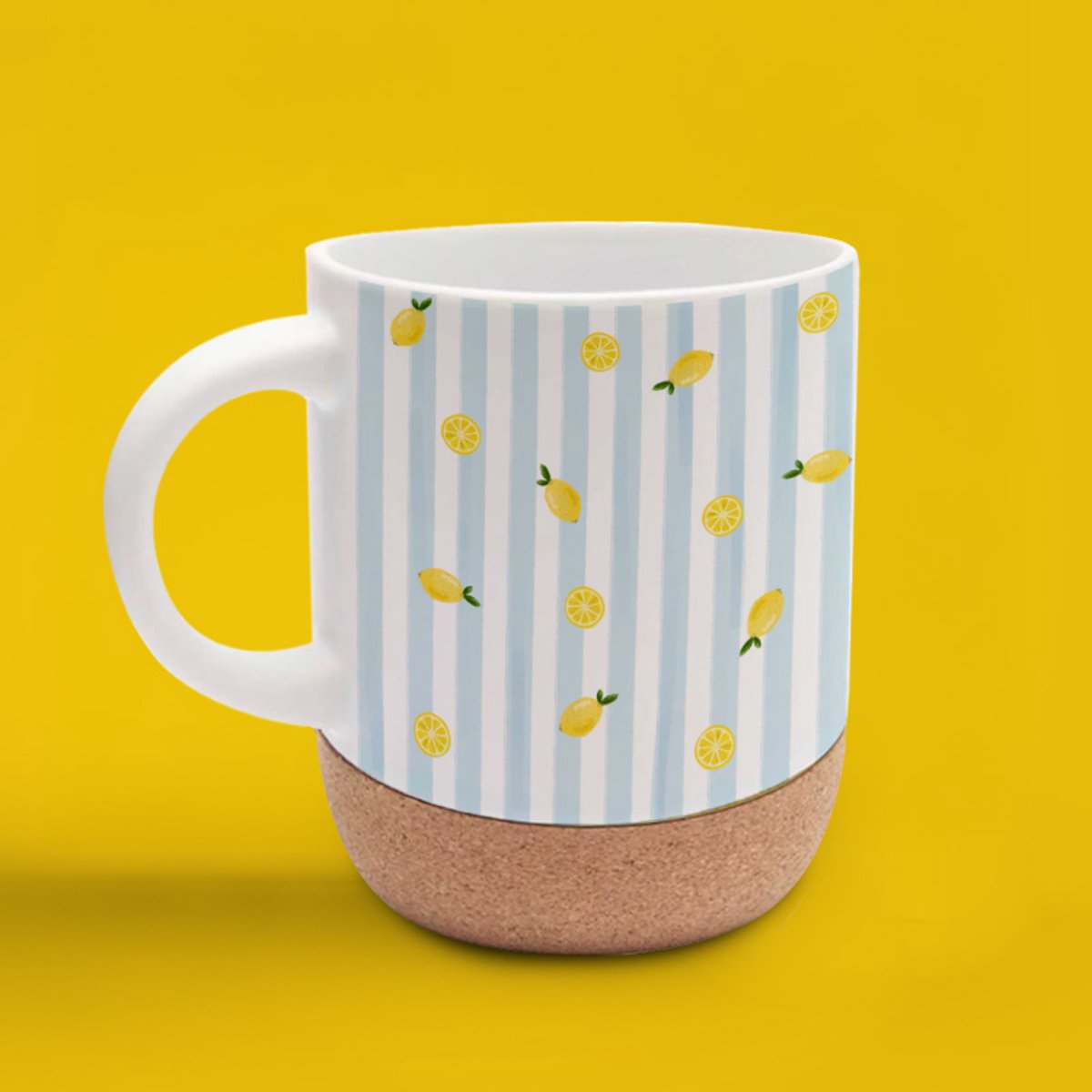 Leuke mok - mooie mok - citroenen - origineel design - hand getekend design - hand bedrukt herbruikbare mok - to go - reisbeker - koffietijd - teatime - afneembare kurken onderzetter