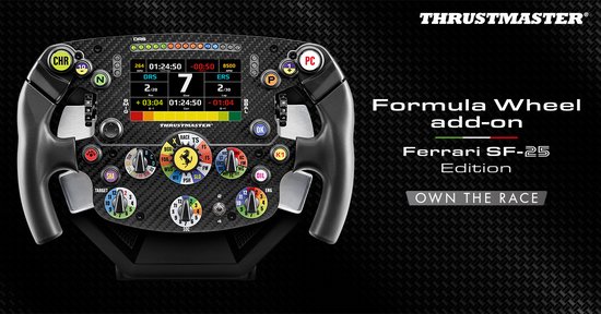 Race stuurwiel met carbonfiber look, Ferrari logo en digitaal display, met tekst 'Own The Race'.