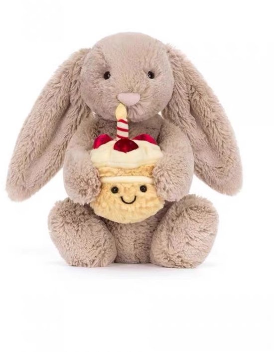Kraftverdia Pluche Konijn Knuffel – 28 cm – Kawaii Konijn met Taartje – Zacht Knuffeldier – Bruin – Geschikt voor Pasen & Feestdagen