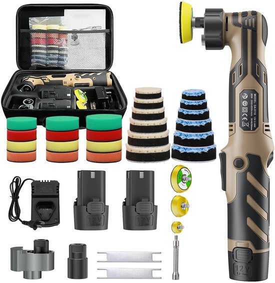 Khaki mini-polijstmachine in een koffer, met 2 batterijen, oplader, diverse polijstpads en accessoires.