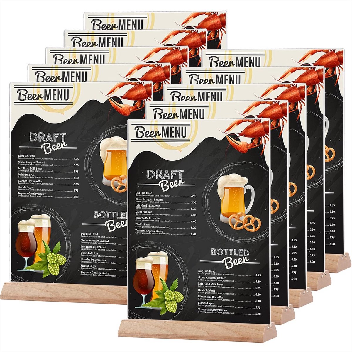 10x Acryl Tafelstandaards met Houten Basis voor Menu's en Documenten (A4/A5)