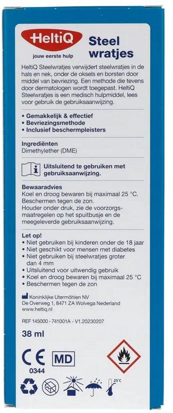Blauwe verpakking met HeltiQ logo, tekst 'Steel wratjes', ingrediënten en gebruiksinstructies.