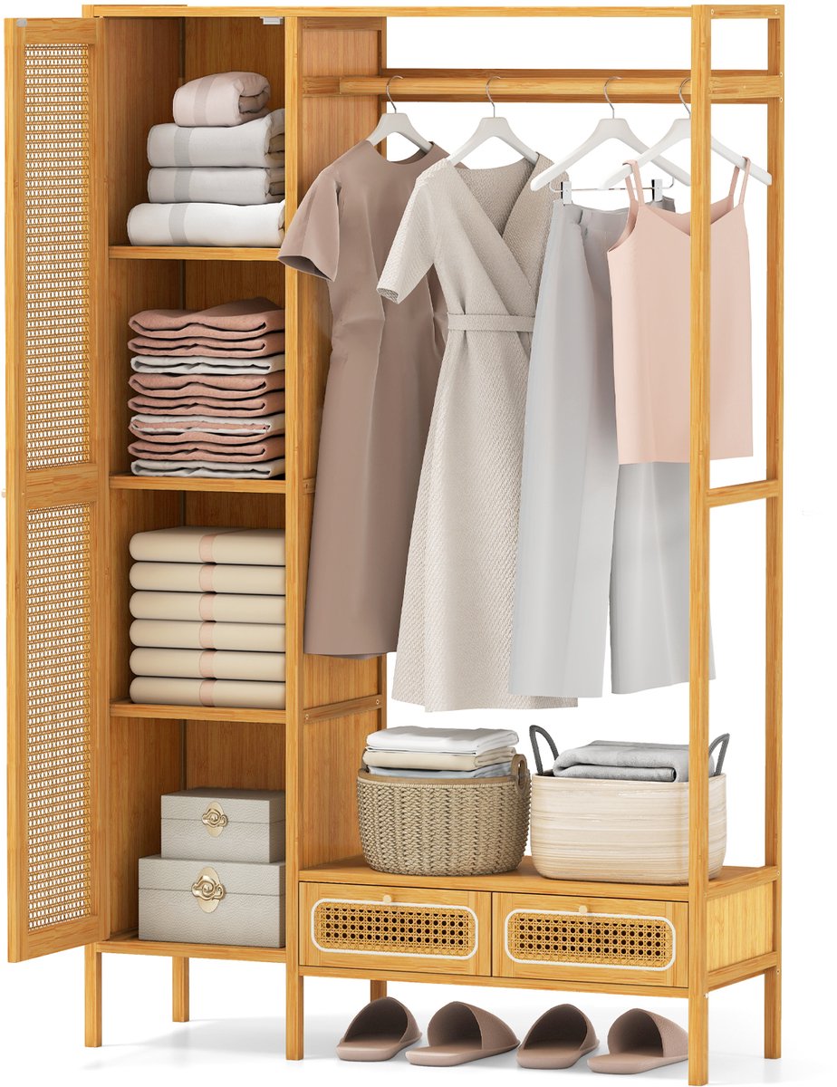 COSTWAY Kledingrek bamboe, kapstok met kast, kledingstang, opbergvak en laden, vrijstaande kledingkast voor kleedkamer, slaapkamer, 102 x 33 x 160 cm