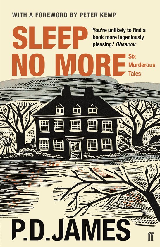 Boek "Sleep No More" van P.D. James met een illustratie van een huis met bomen.