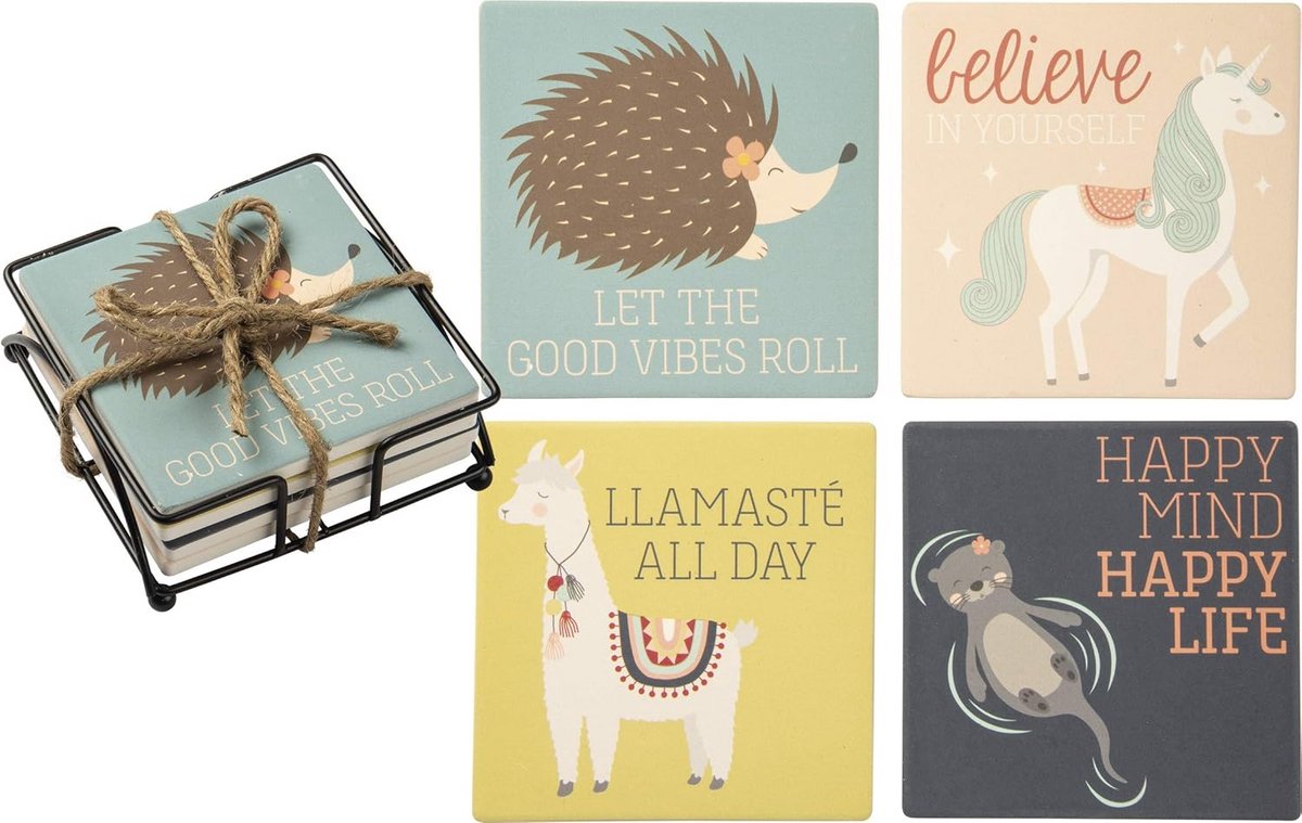 Set van 4 Absorberende Onderzetters met Dierenprint en Houder