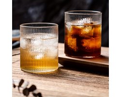 8 stuks Japanse stijl Glazen Bekers met Verticale Streep Design,Geschikt voor de Vaatwasser, 350ml/12oz, Perfect voor Whisky, Roostertails, Koffie, Thee, Sap en Koude Dranken. Ideaal voor Thuis, Samenkomsten, Bars en Cafés Image