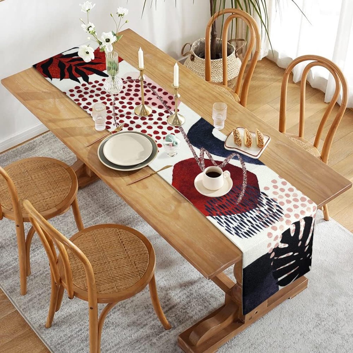 Boho Tafelloper met Bladerenprint - Tafelkleed Katoen Linnen voor Eettafel en Feest