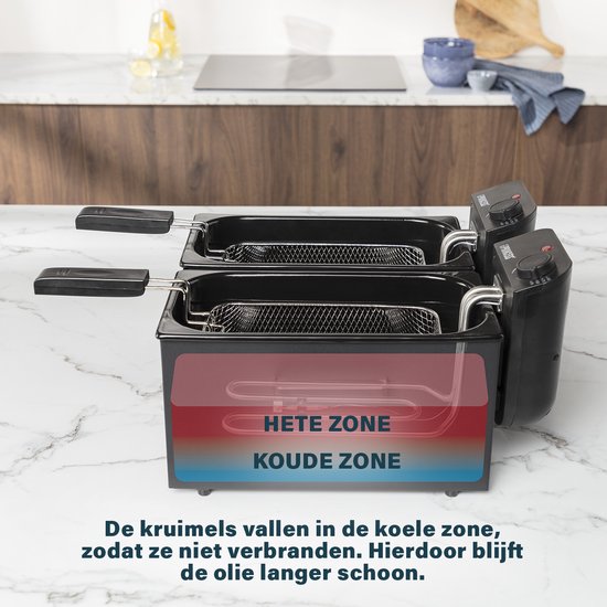 Princess Dubbele Frituurpan - Inhoud 2 x 3 liter - Koude Zone - 3600W - 2x regelbare thermostaat - 183028 - Zwart