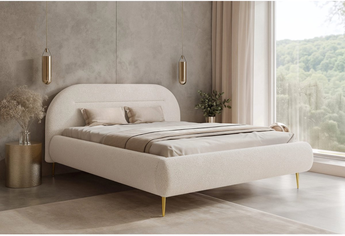 Gestoffeerd Tweepersoonsbed 180x200 cm Crème – Luxe Pluche Slaapkamerbed met Halfrond Hoofdbord, Opbergruimte en Houten Lattenbodem – Modern Design – Abkantoor