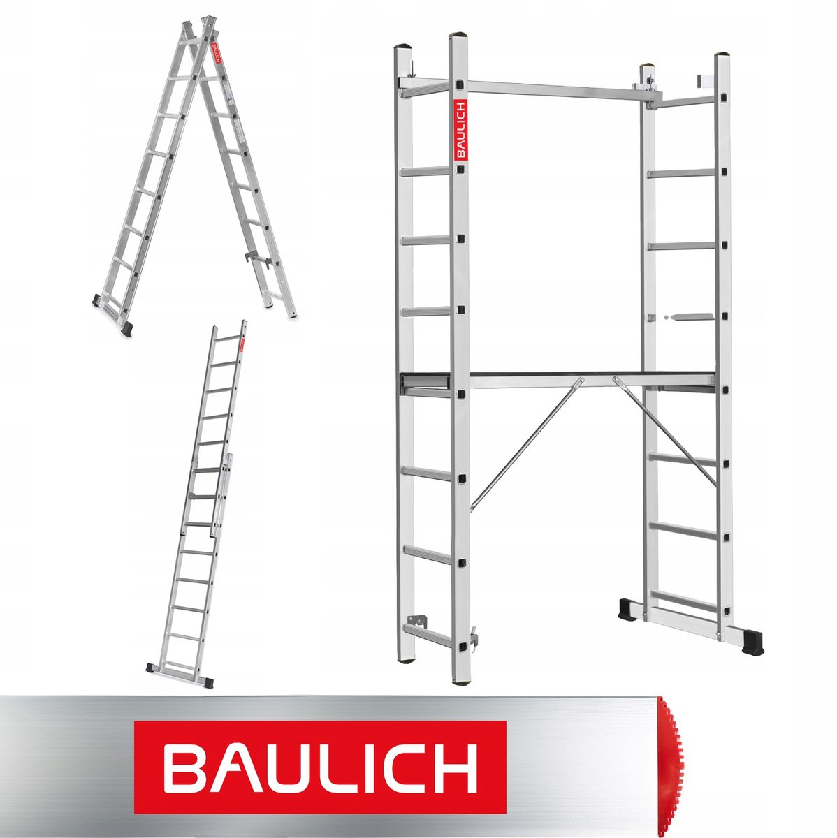 Baulich Aluminium multifunctionele huishoudsteiger - klein, 2x8 treden (16), werkplatform, draagvermogen 150 kg, maximale werkhoogte 470 cm, met stabilisator